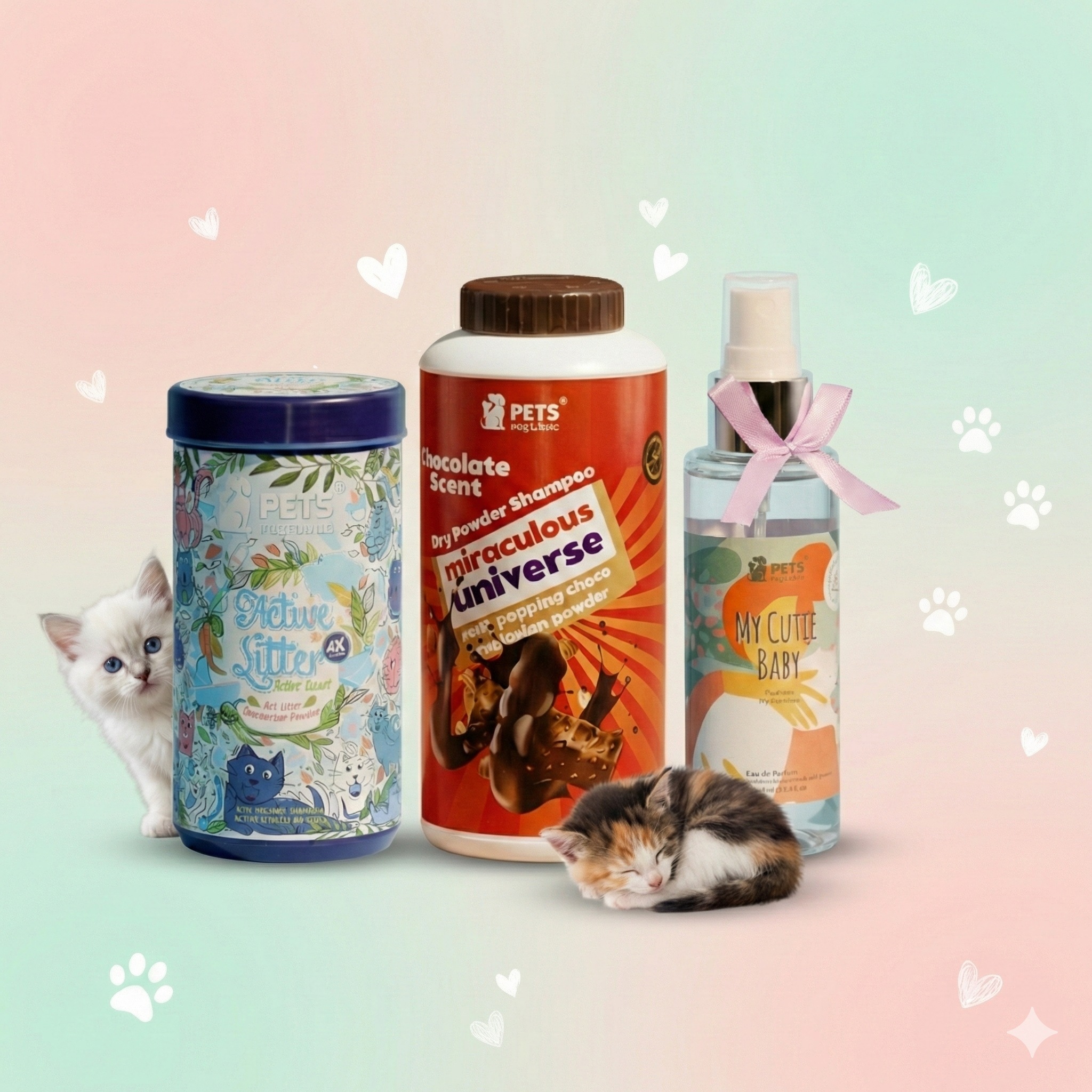 Kitten bundle. Sweet & Fresh Pet Care Bundle – Chocolate Shampoo, Baby Perfume & Litter Deodorizer